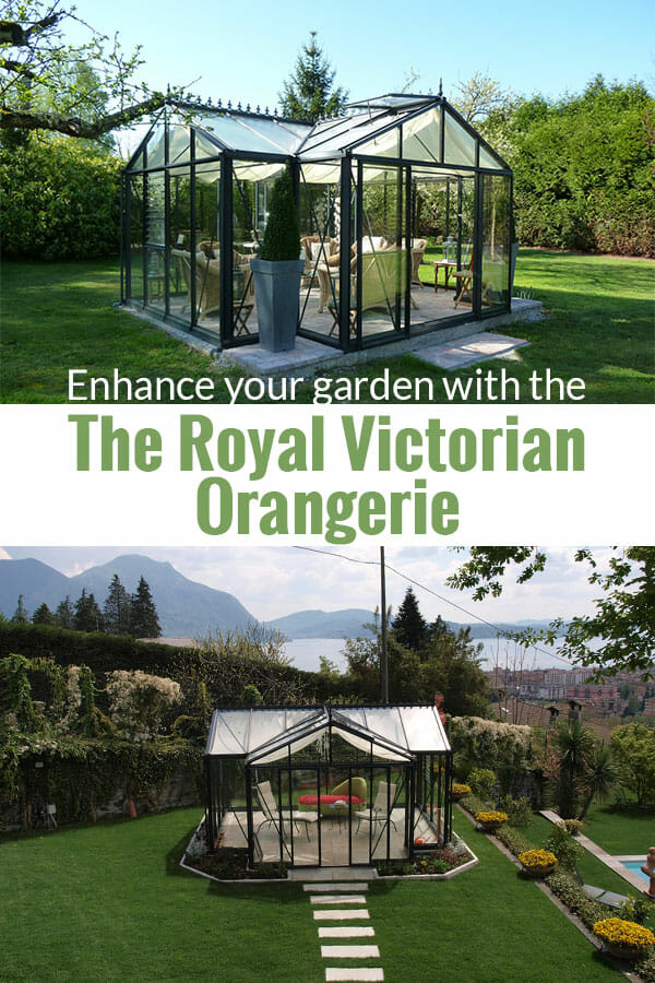 Janssens T-Shaped Royal Victorian Orangerie 10ft x 16ft set up in a beautiful garden with great landscapes and below is a front view with the text in the middle saying Enhance your garden with The Royal Victorian Orangerie