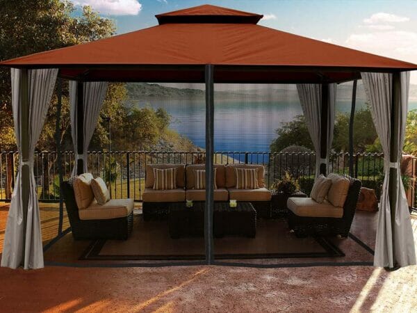 Sedona Gazebo with Rust Color roof and Open Privacy Curtains and Closed Mosquito Netting