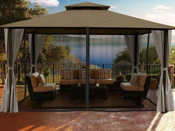 Sedona Gazebo with Sand Color roof and Open Privacy Curtains and Closed Mosquito Netting
