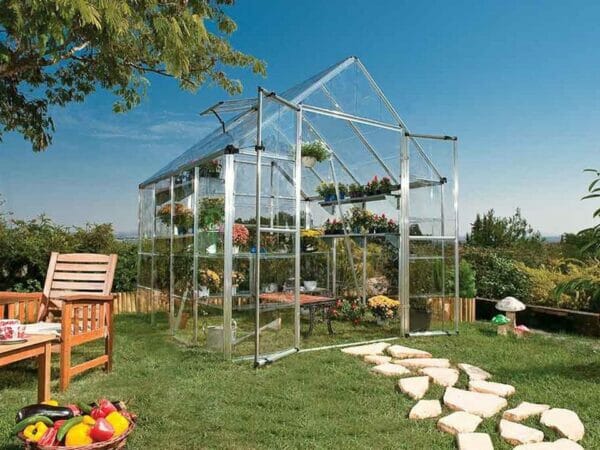 Palram 8ft x 8ft Snap & Grow Hobby Greenhouse - HG8008 - full view - in a garden