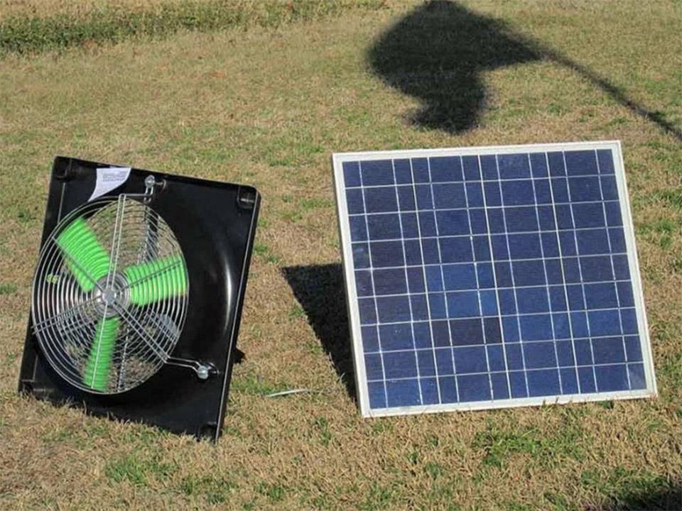 Solar panel and fan on the grass