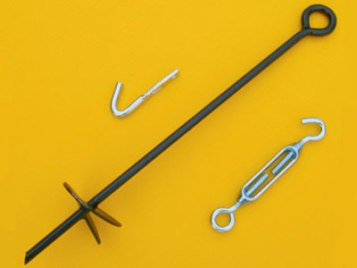 Solexx tie down kit - rod with grounding corkscrew and closed loop at end, hook, hook with closed loop at end
