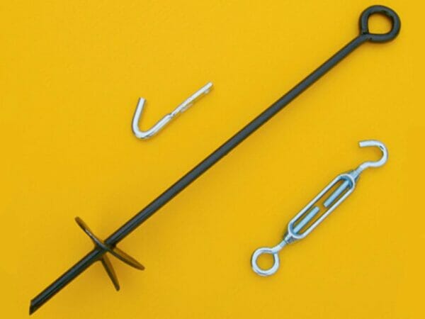 Solexx tie down kit - rod with grounding corkscrew and closed loop at end, hook, hook with closed loop at end