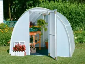 Solexx Early Bloomer Greenhouse 8ft x 8ft Front View with open door and visible interior with flower table