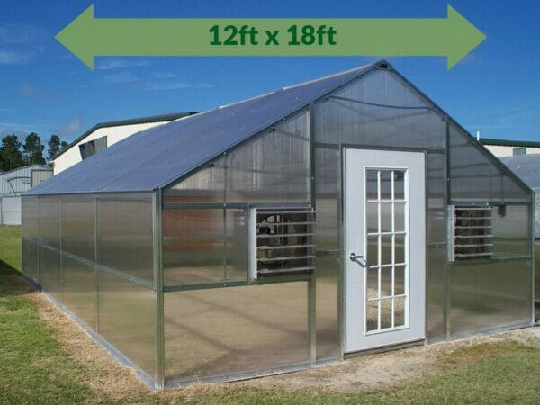 Riverstone Industries (RSI) 12ft x 18ft Thoreau Premium Educational Greenhouse  R12186-P(G) - full view - green arrow on top with dimensions
