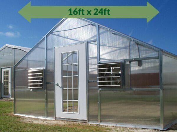 Riverstone Industries (RSI) 16ft x 24ft Wallace Premium Edition Educational Greenhouse R16248-P(G) - full view - green arrow on top showing dimensions