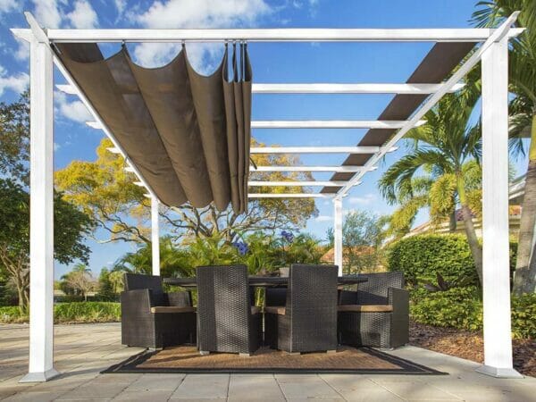 Florence White Aluminum Pergola with a Sand Color Convertible  Canopy Top