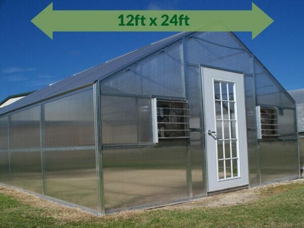 Riverstone Industries (RSI) 12ft x 24ft Whitney Premium Educational Greenhouse  R12248-P(G) - full view - green arrow on top with dimensions
