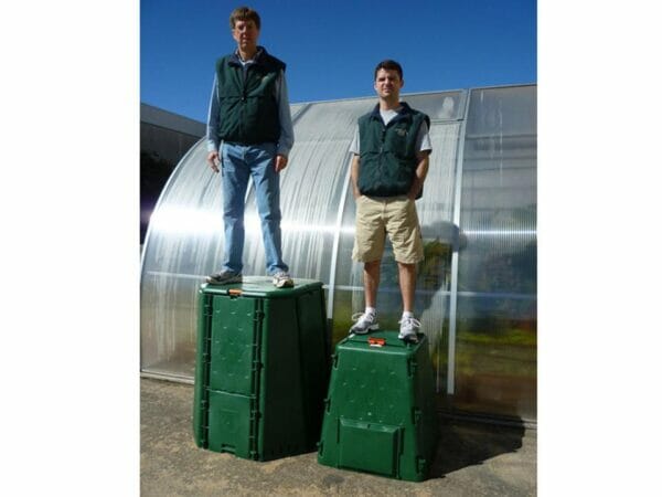 Man standing on top of each bin. The Aeroquick Composter is Incredibly Durable.