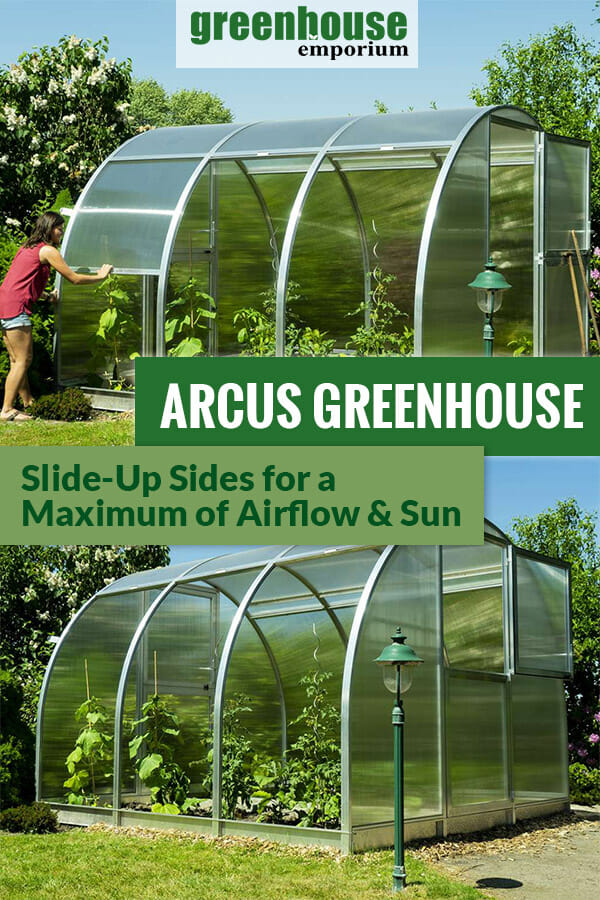 Arcus greenhouse above shows fully open doors and opened side panels for better ventilation while the image below shows the Arcus greenhouse with only the upper door open and fully opened side panels with the text saying Arcus Greenhouse Slide-up sides for a Maximum of Airflow & Sun.