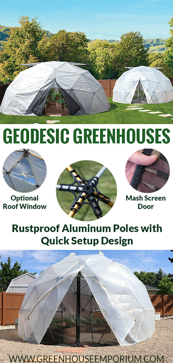 Displaying three Geodesic Dome Greenhouses with small circular images that show the 3 main features (construction, mash door, ventilation) explained by text