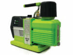 Green and Black Harvest Right Premier Vacuum Pump from a side angle with white background