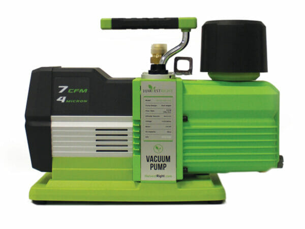 Green and Black Harvest Right Premier Vacuum Pump from the side with white background