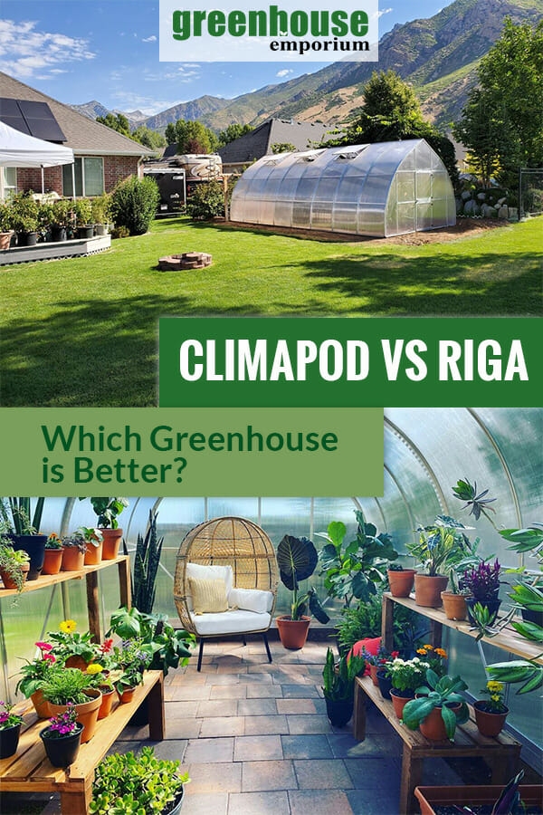 Two Gothic-arched greenhouses with the text: Climapod vs Riga - Which Greenhouse is better