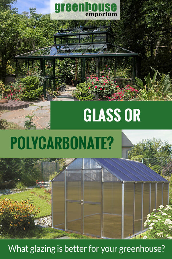 Glass greenhouse on top and Polycarbonate greenhouse at the bottom with the text: Glass or Polycarbonate - What glazing is better for your greenhouse