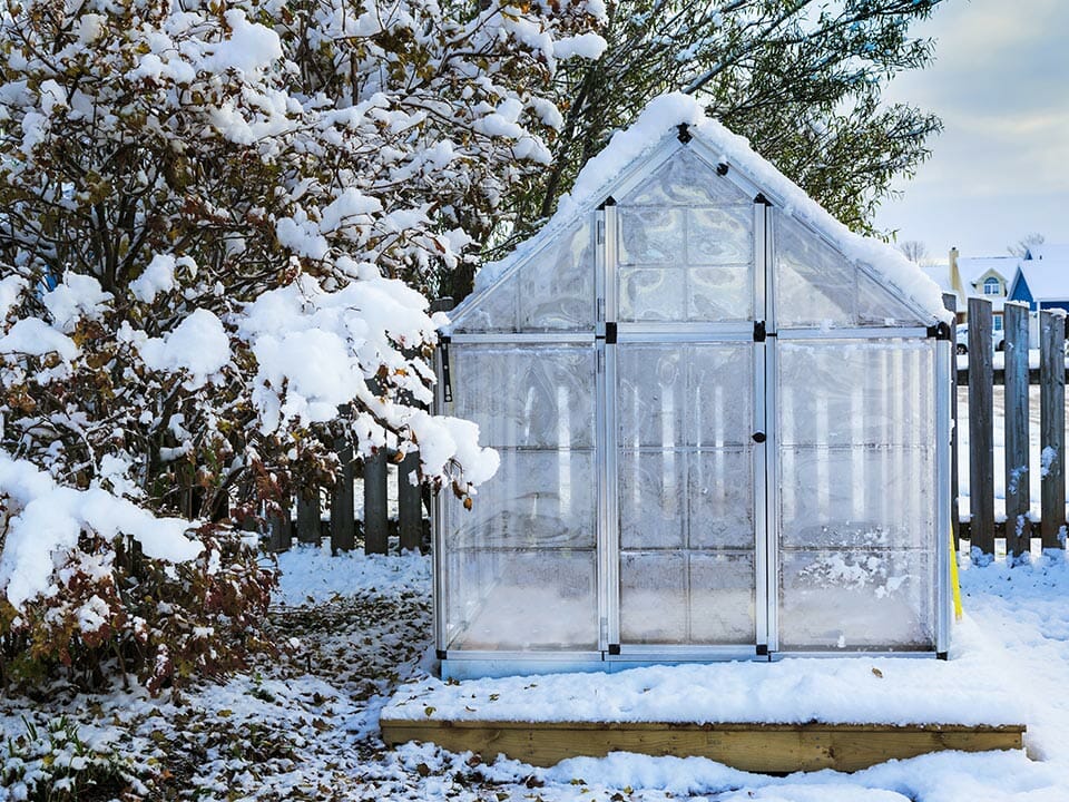 Greenhouse in winter with a little bit of snow around