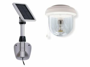 Two parts of the Gama Sonic Solar Light (solar panel and light dome) on white background