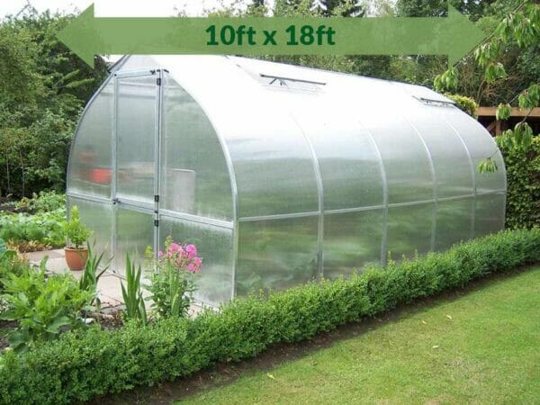 Exterior view Riga 5 greenhouse with text 10ftx18ft Greenhouse Emporium