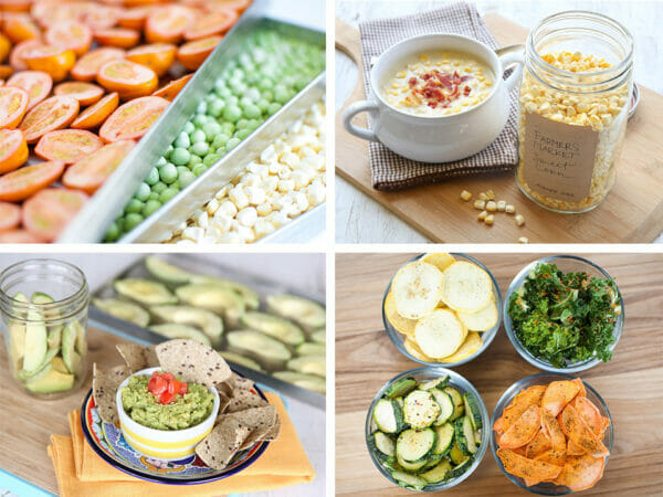 Upper left: freeze-dried tomatoes, peas, corn; Upper right: Corn soup with bacon in bowl in checked towel and a jar of freeze-dried corn; Lower right: freeze-dried squash, kale, sweet potatoes, zucchini; Lower left: guacamole and tortilla chips in bowl, freeze-dried avocado in a jar and on baking sheet in background