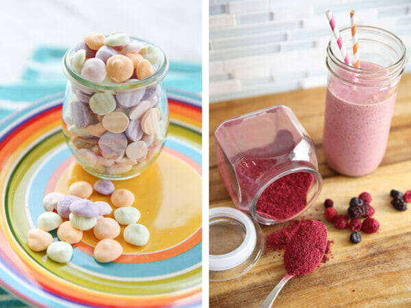 Left - freeze-dried sweet candies in glass jar and on a colorful plate, Right - freeze-dried, powdered berries in glass jar and on a spoon, and prepared shake on wooden board