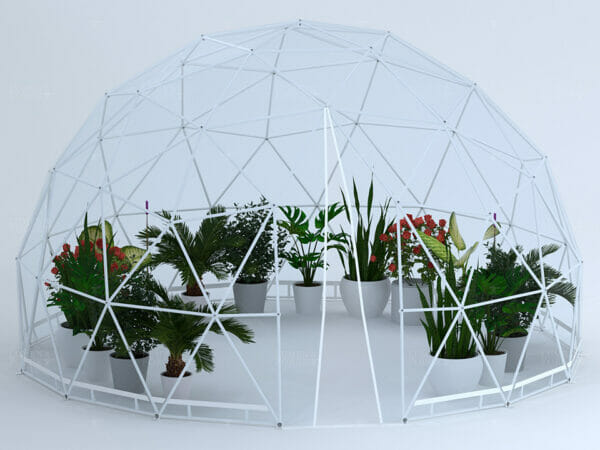 13ft geodesic dome, white frame with clear vinyl cover, opened zippered doorway, plants in interior