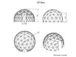 Four views of 13ft geodesic dome, illustration, with dimensions in feet and inches, 13ft 1in diameter, 8ft 6in height, 6ft 11in side height, 2ft 11in doorway