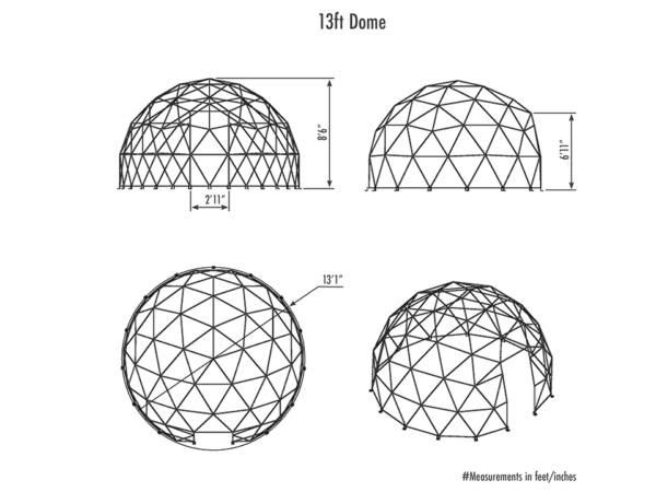 Four views of 13ft geodesic dome, illustration, with dimensions in feet and inches, 13ft 1in diameter, 8ft 6in height, 6ft 11in side height, 2ft 11in doorway