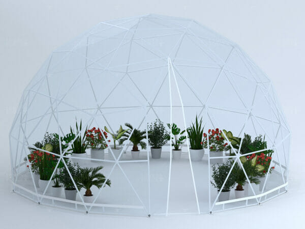 16ft geodesic dome on white background with clear vinyl cover and powder coated steel frame, open zippered door, plants on interior