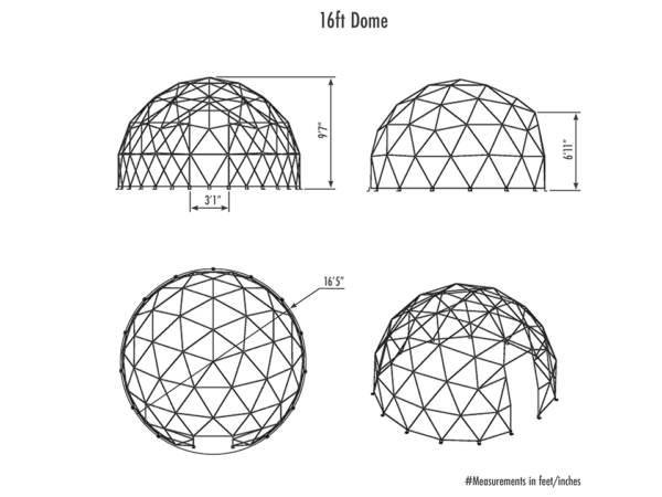 Four images of 16ft Geodesic dome with dimensions 16ft 5in diameter, 3ft 1in door width, 9ft 7in maximum height, 6ft 11in side height