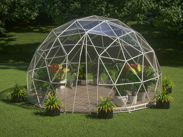 Lumen & Forge 20ft geodesic dome, zippered door open, front view, on lawn setting