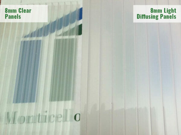 Comparison of 8mm clear Polycarbonate panels next to light diffusing panels from the Monticello Growers Edition in front of Monticello logo (3 inches away)