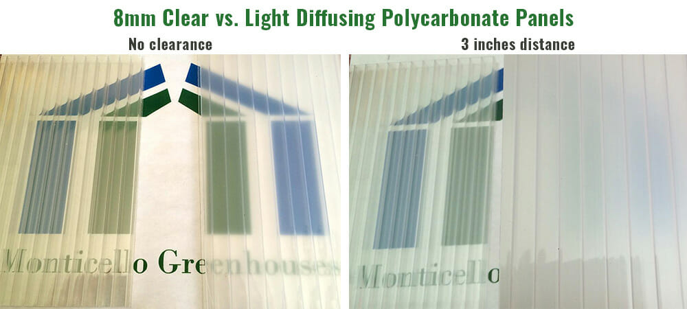 Comparison of 8mm clear Polycarbonate panels next to light diffusing panels from the Monticello Growers Edition, with 3-inch and 0 distance