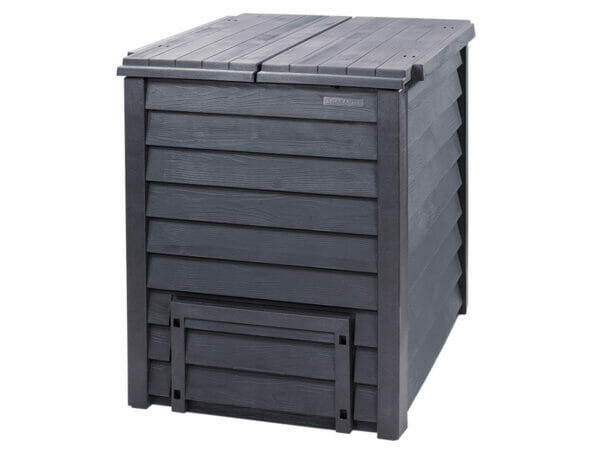 Front view of Graf Thermo Wood Composter with two top lids closed, front bottom door closed, gray Polypropylene with wood like grain finish