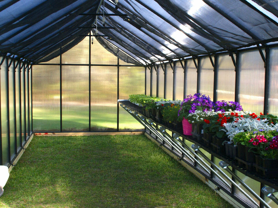 Black internal shade cloth installed on a greenhouse with a shelf full of plants