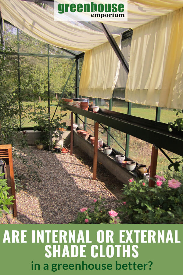 Image of greenhouse interior with shade cloths, written text: Are Internal or External Shade Cloths in a greenhouse better?