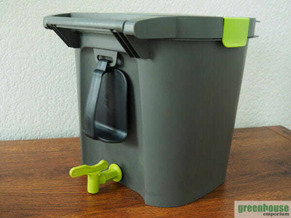 Black small MAZE Bokashi Composter with green airtight clamps and a spigot