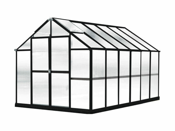 Exterior front and side view MONT Growers 8x12, black frame, polycarbonate panels, door closed, white background