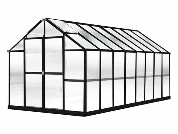 MONT Growers 8x16 greenhouse, black frame, polycarbonate panels, doors closed, on white background