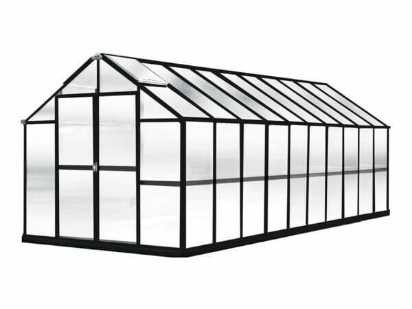 Monticello Growers 8x20 greenhouse, black frame, polycarbonate panels, doors closed, on white background