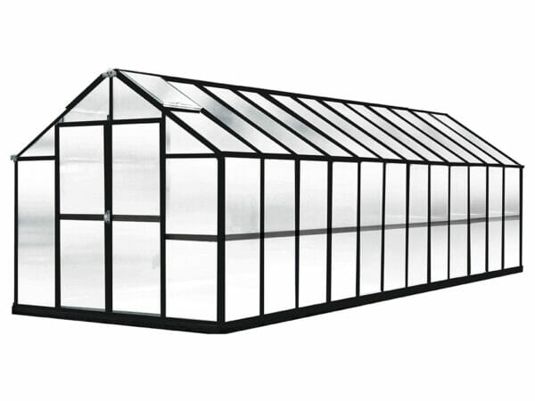 MONT Growers 8x24 greenhouse, black frame, polycarbonate panels, doors closed, on white background