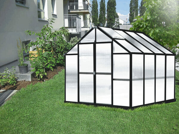 Exterior front view of MONT Growers 8x8 greenhouse, black frame, polycarbonate panels, door closed