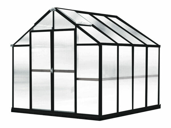 MONT Growers 8x8 greenhouse, black frame, polycarbonate panels, on white background
