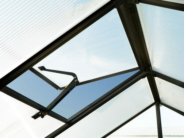 Greenhouse roof vent, greenhouse black frame with polycarbonate panels, vent open