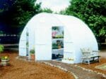 Conservatory greenhouse, arched greenhouse with two open doors, interior shelves with plants