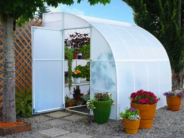 Exterior view of arched lean-to greenhouse against trellis board, door open, plants visible in interior on shelving