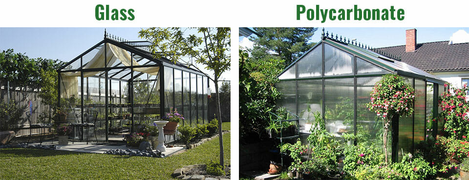 Side-by-side comparison of Glass vs Polycarbonate glazing on a Janssens Royal Victorian Greenhouse