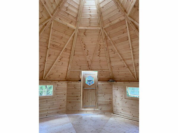 The interior of the wooden Pyramid Grill Cabin