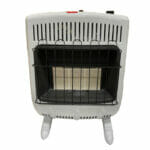 Front view of RSI Radiant Propane Gas Greenhouse Heater on removable legs on white background