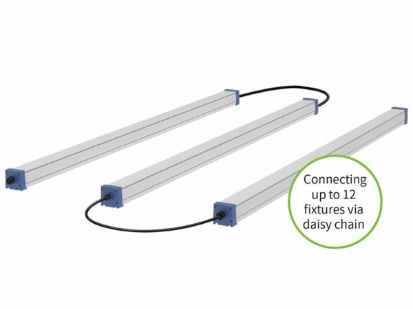 Three Astrica 45W LED Grow Lights, white with blue caps, connected with black daisy-chain power cord with text: Connecting up to 12 fixtures via daisy chain