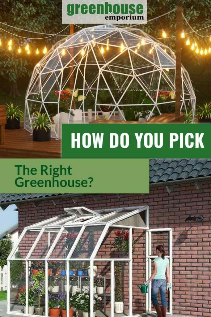 Top image geodesic greenhouse with lights, bottom image lean-to greenhouse filled with plants with woman carrying watering can with text: How Do You Pick the Right Greenhouse?